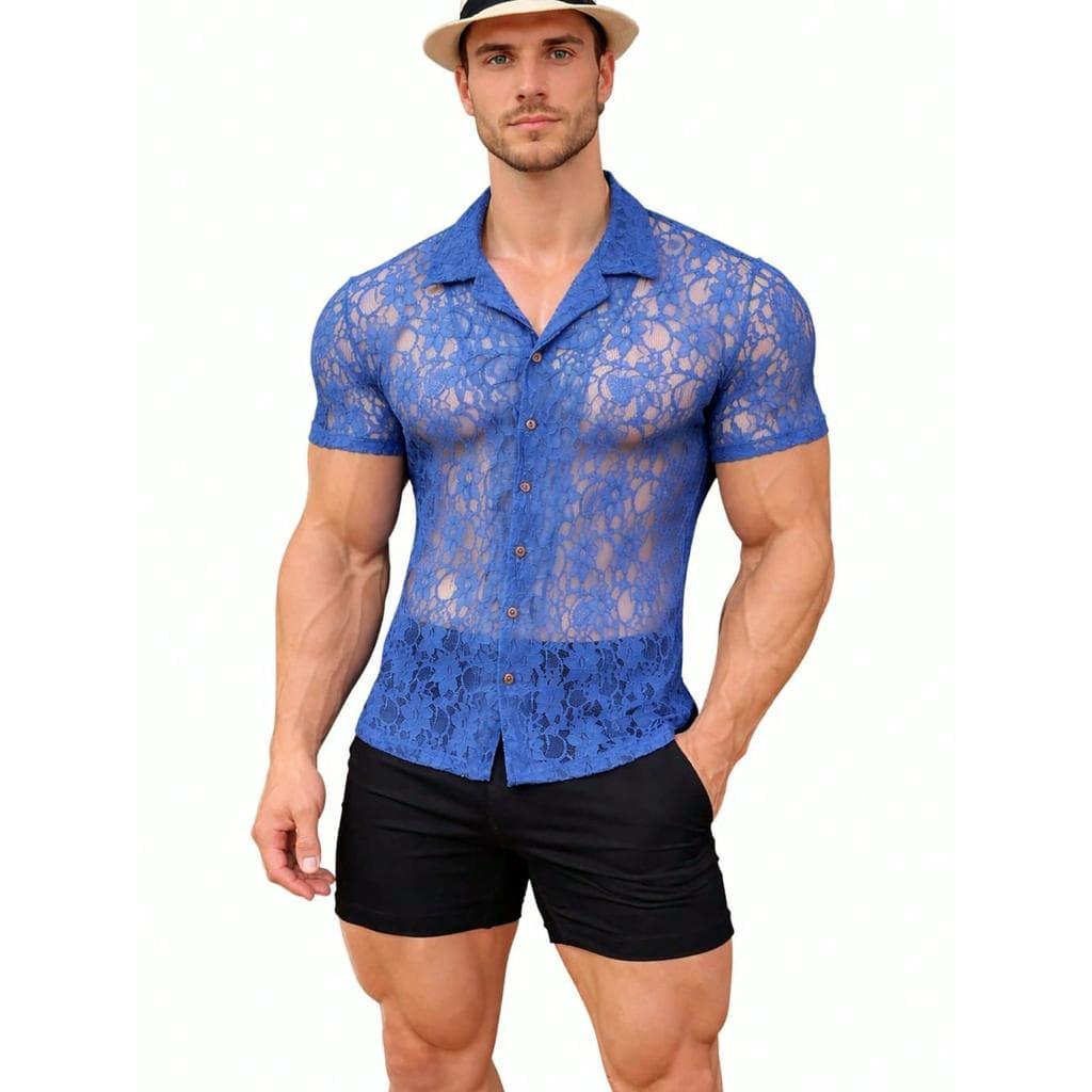 Camisa Masculina Transparente Renda Azul Manga Curta Luxo
