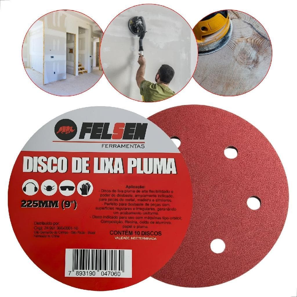 Kit Discos De Lixa Pluma 225mm 6 Furos Para Lixadeira De Parede