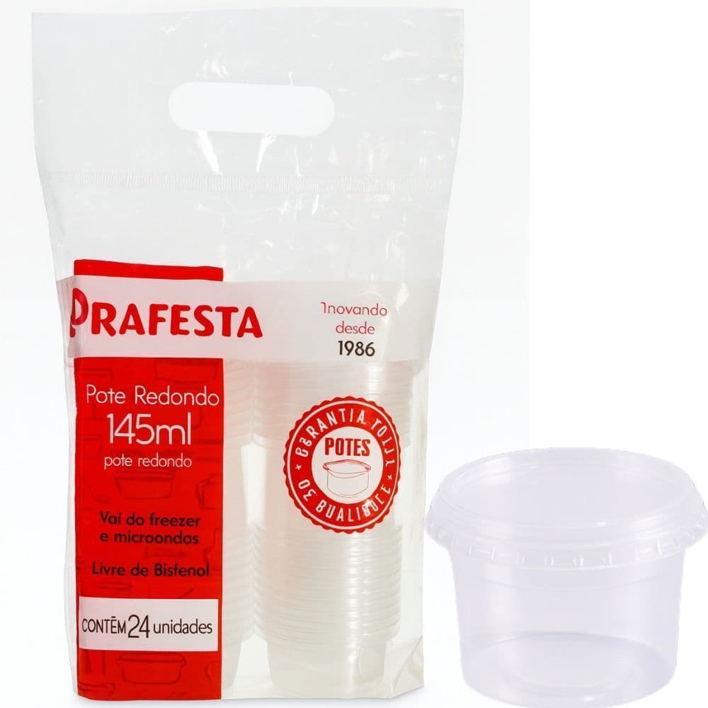 POTE REDONDO 145ML PRAFESTA – 24 UNIDADES – POTE PLÁSTICO DESCARTÁVEL PARA SOBREMESAS E MOLHOS