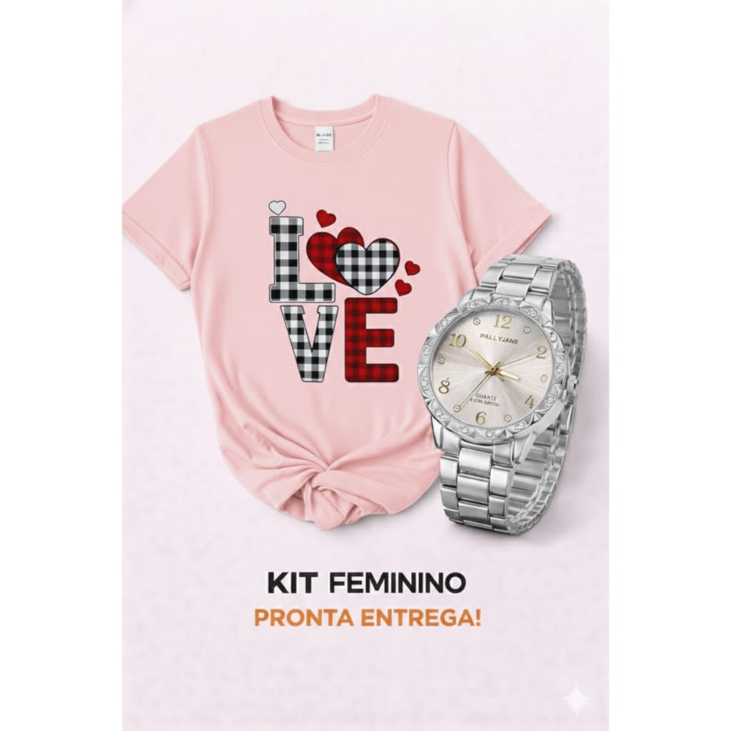 Kit Camiseta Especial: T-Shirt "Love" Camisa 100% Algodão + Relógio Luxo Analógico Envio Imediato
