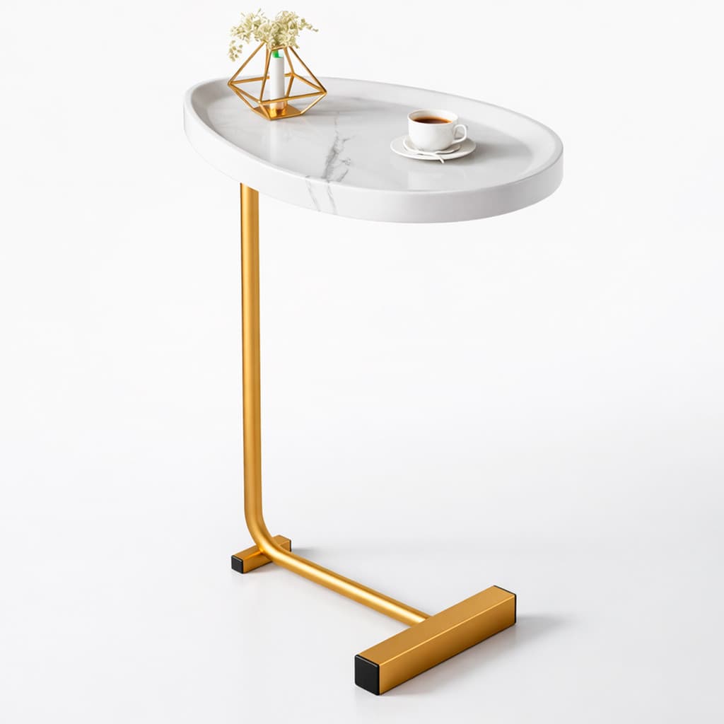 Mesa Lateral Vitino Siena Gold Tampo MDF Oval Marmorizado Base Dourada