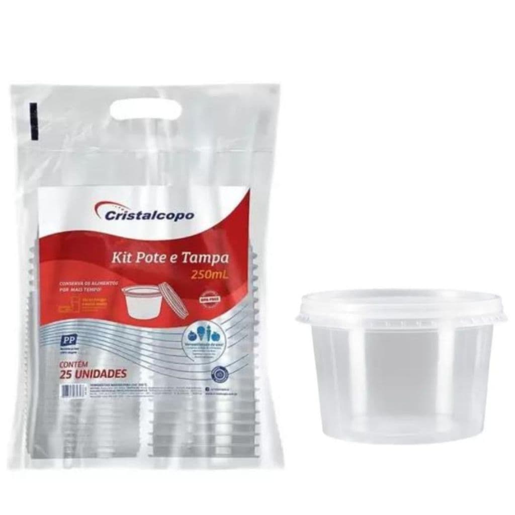 Kit Pote Redondo PP 250ML Transparente 25 UN Cristalcopos