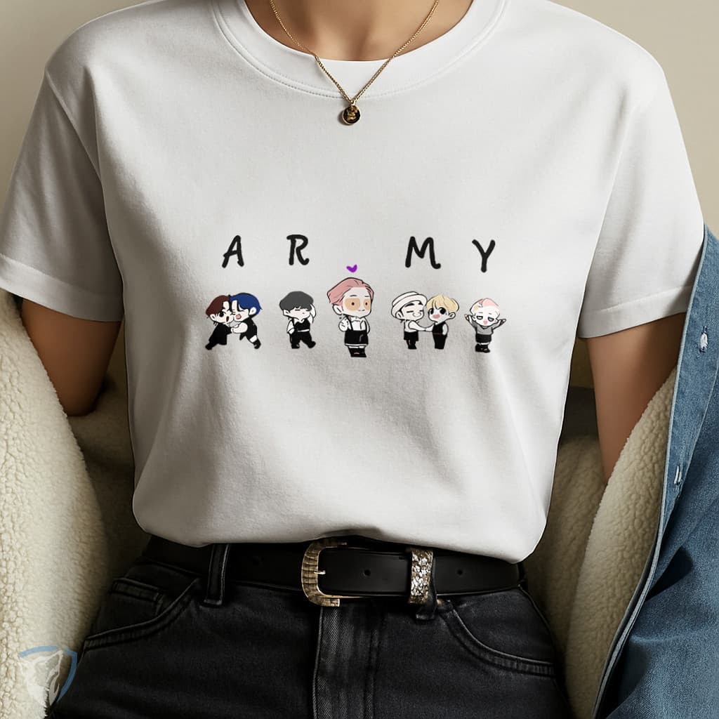 Camiseta ARMY Estilo K-Pop | Arte Cartoon Minimalista e Visual Coreano Moderno