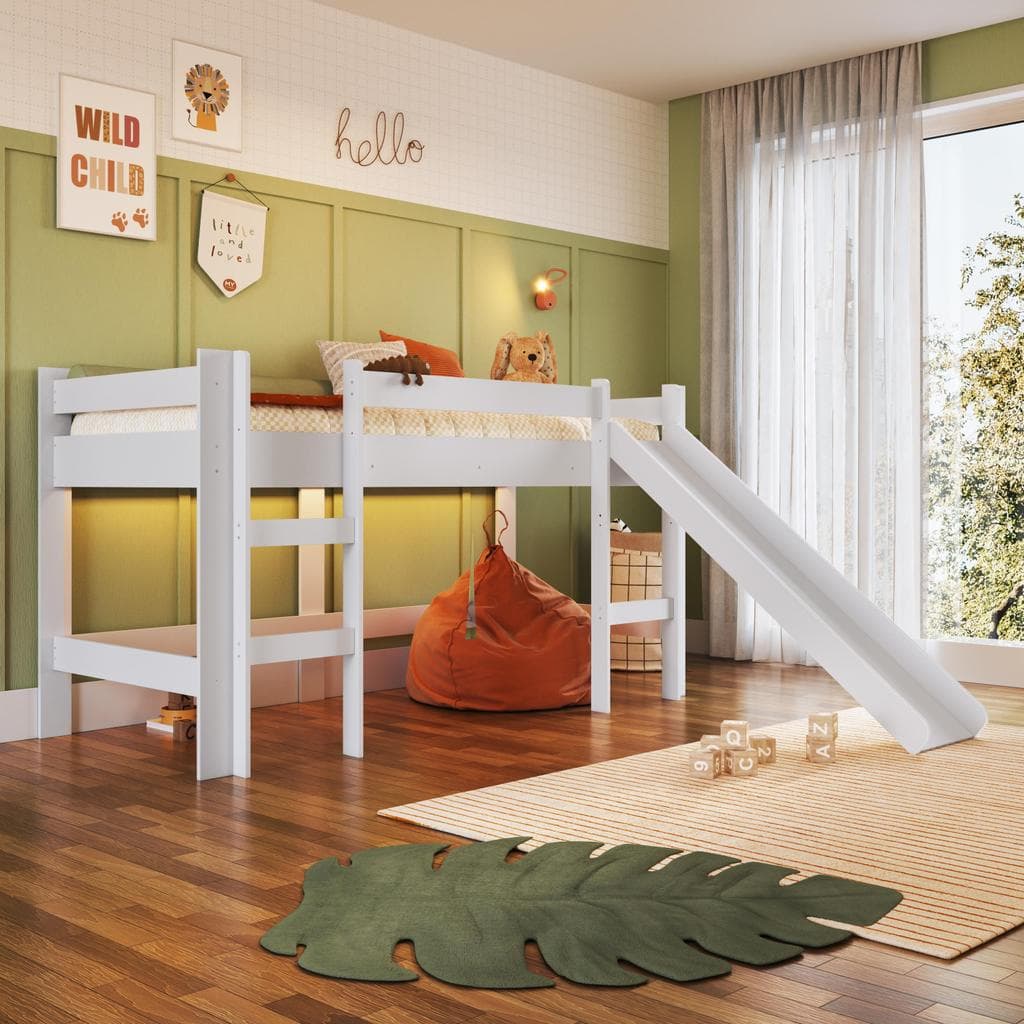 Cama Infantil Elevada com Escorregador 188x78cm Escada e Proteção Lateral Branca