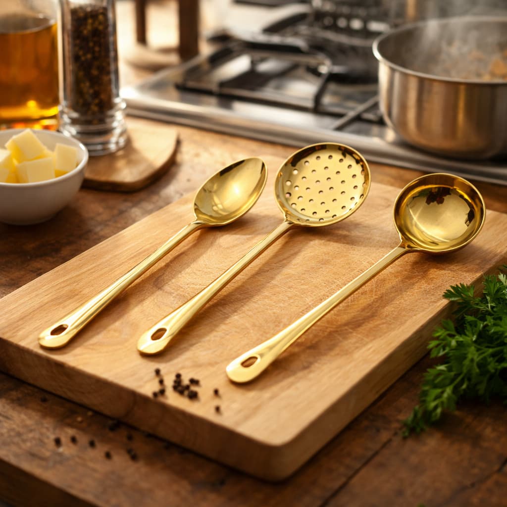 Kit 3 Talheres Utensilios Dourado Cozinha Escumadeira Concha Colher de Arroz Aço Inox