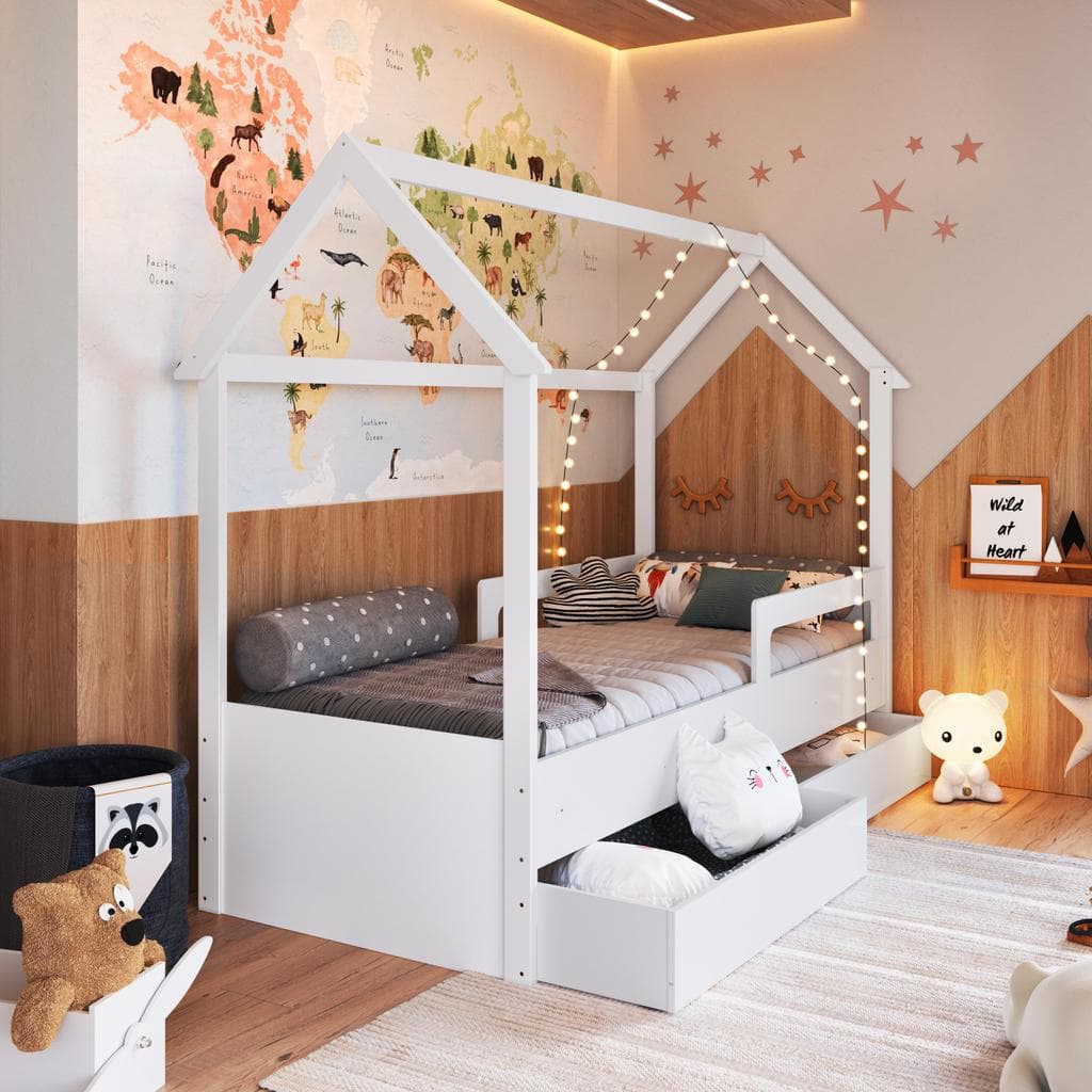 Cama Infantil Montessoriana Estilo Casinha 188x78cm com Proteção Lateral e Gavetas com Rodas Branca