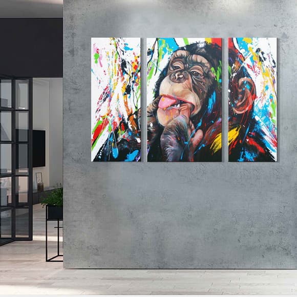 Quadros Decorativo Mosaico 30X50 3 peças Mdf Alta Resolução Full HD  Macaco Moderno Colorido