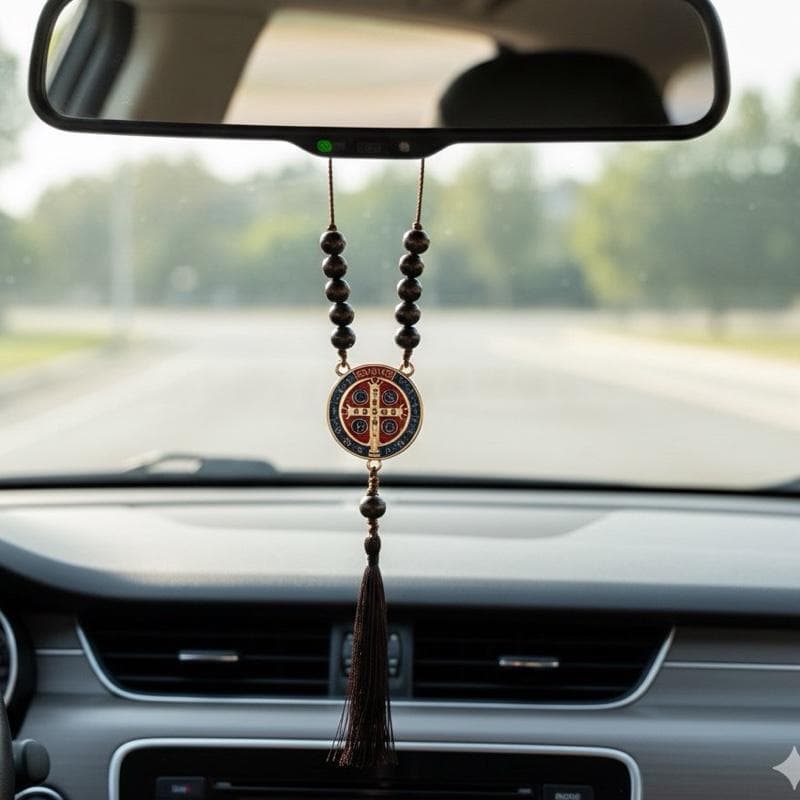 Adorno Dezena Terço Em Madeira São Bento Para Carro ou Bolsa Chaveiro Retrovisor