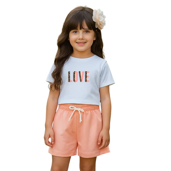 Conjunto Infantil menina verão shorts e tshirt crooped pêssego