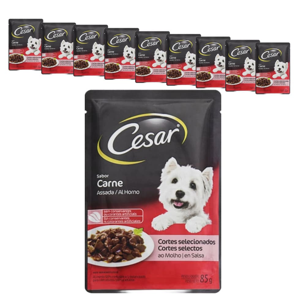 Ração Úmida Cesar Sachê para Cães sabor Carne Assada ao Molho - 85g - KIT 10 unids.