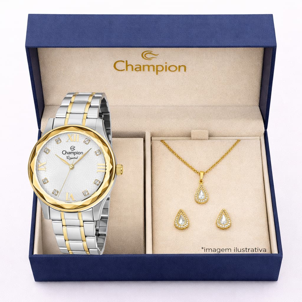 Relógio Champion Prata e Dourado + Colar e Brincos CN27465D