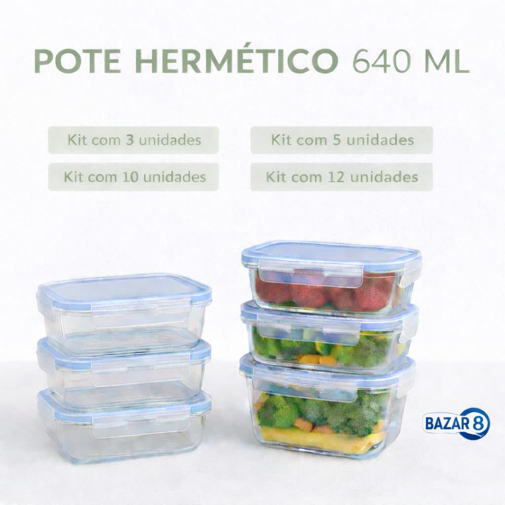 Kit Pote Hermético De Vidro Borossilicato 640ml Com Tampa  - Marmita