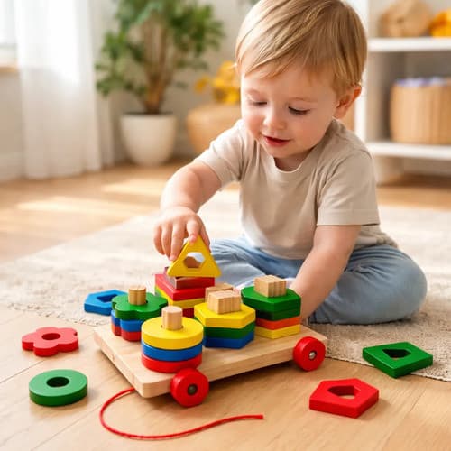 Carrinho De Madeira Encaixe Forma Geométrica Pedagógico Educativo De Puxar Bebê 1 Ano Montessori