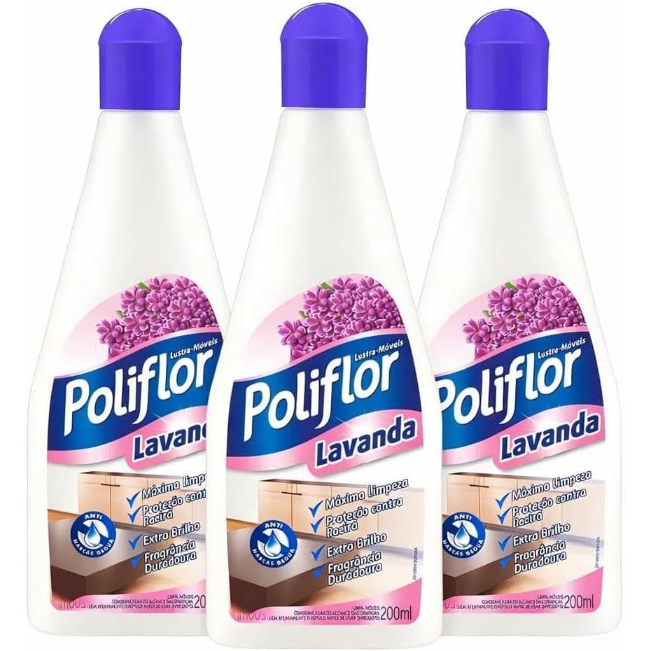 Kit 3x200ml Lustra Móveis Poliflor Lavanda Extra Brilho Ideal Para Móveis, Pedras Fogões e Geladeira