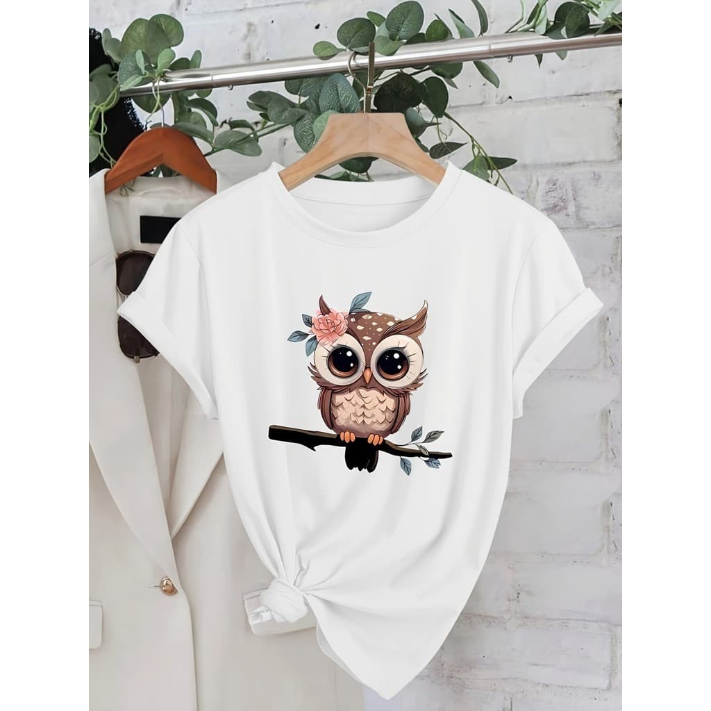 Camiseta feminina de manga curta estampa coruja, confortável e elegante, para esportes e vida diária