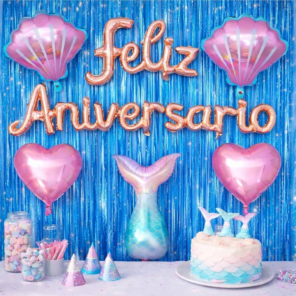 Kit Decoração Feliz Aniversário Sereia  2 Cortinas Metalizadas 5 Balões Festa Completa