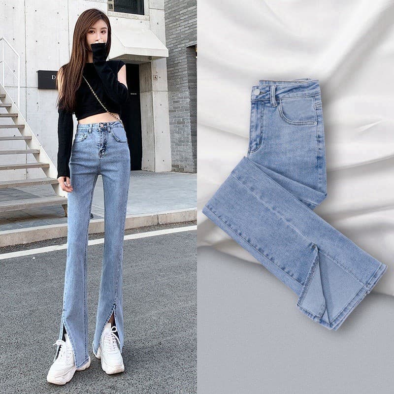 Split Stretch Jeans feminino fino ajuste ligeiramente alta cintura reta mais magro olhar verão novo estilo queimado larg