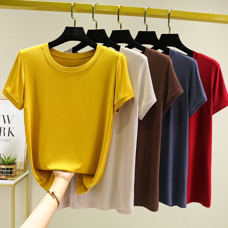 Modal em torno do pescoço de manga curta camiseta feminina verão fino ajuste camisa de fundo moda All-Match exterior Wea
