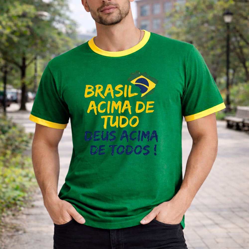 Camiseta Camisa Estampada Brasil Acima de Tudo Frase Algodao Premium