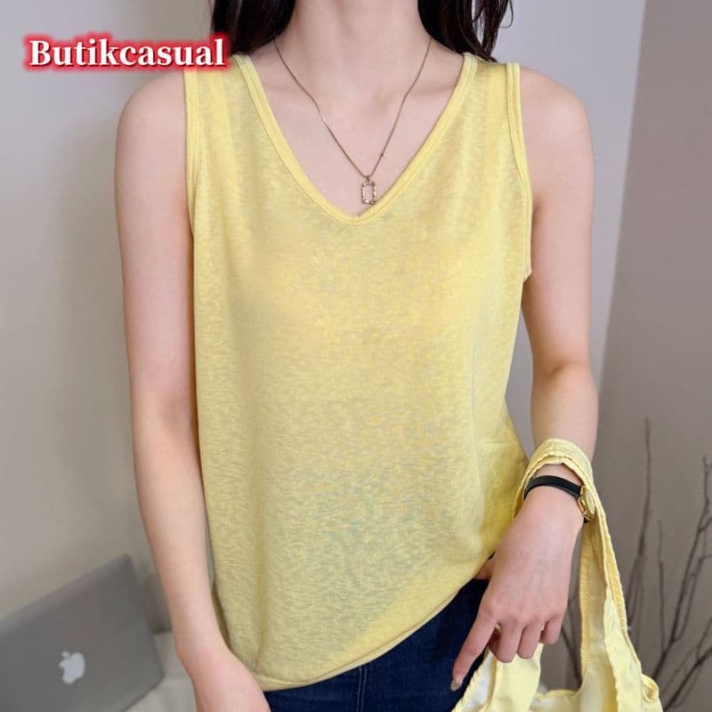 Slub Algodão Com Decote Em V Solto Sem Mangas Colete Feminino Casual Básico Top