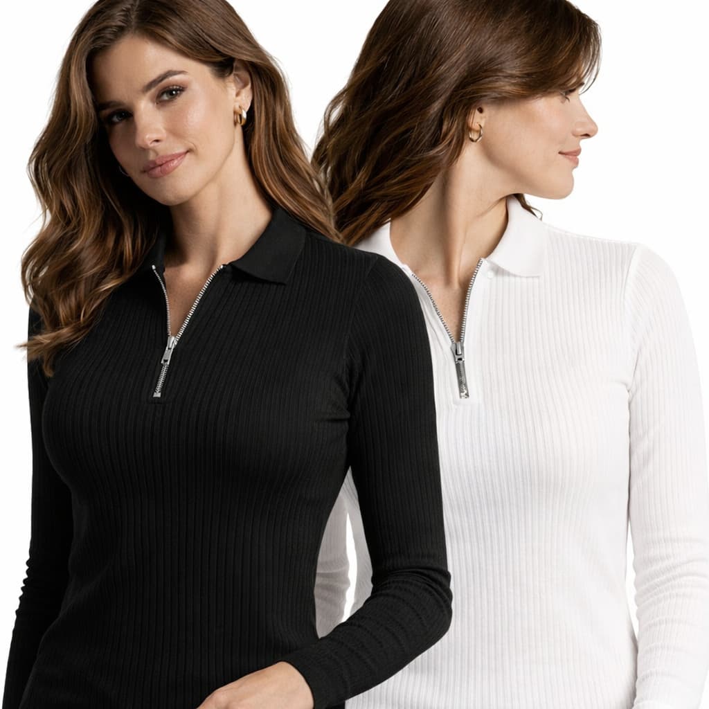 Kit com 2 Camiseta Polo Canelada feminina Manga Longa Com Ziper Malha Camisa Premium Slim fit