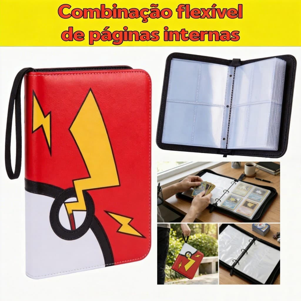Páginas Flexíveis e Personalizáveis–Álbum Pokémon Couro Zíper, Resistente à Água, Poeira e Fechado
