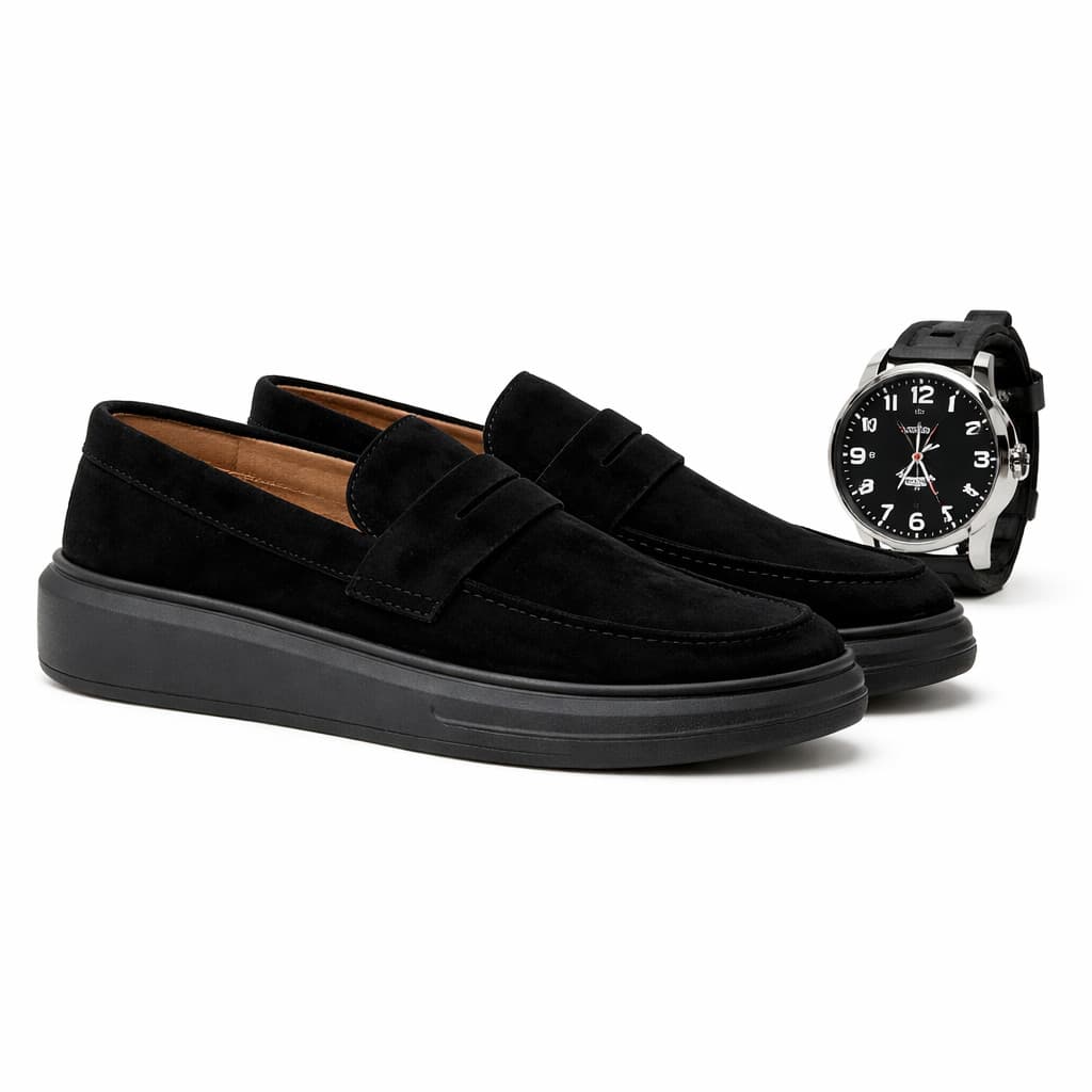 Mocassim Masculino Loafer Derby Camurça Sola Alta Conforto Moda Casual + Kit Relógio
