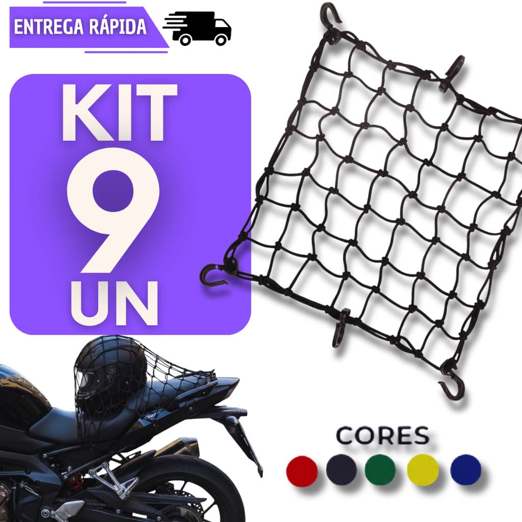 Kit 9 Rede Elástica Para Moto Capacete Tipo Aranha Com 6 Ganchos Redinha Acessório