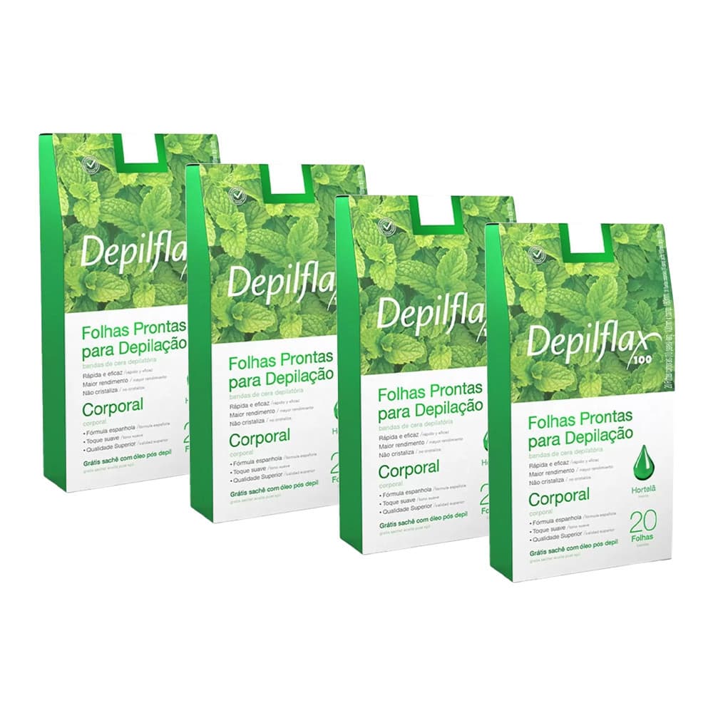 Kit 4 Caixas Folhas Depilatórias Prontas Depilação Corporal Pernas Depilflax Hortelã 20 Unidades