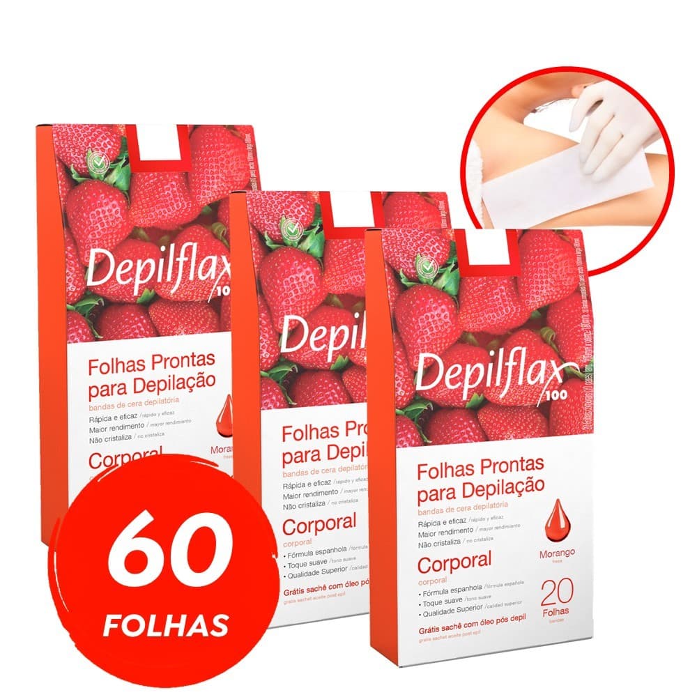 Kit 3 Caixas Folhas Depilatórias Prontas Depilação Corporal Pernas Depilflax Morango 20 Unidades
