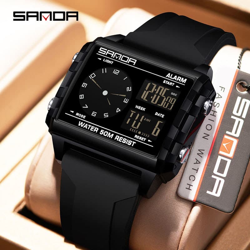 SANDA Relógio De Pulso Masculino Luminoso À Prova D'água , Display De Tempo Duplo , Cronômetro , Temporizador De Contage