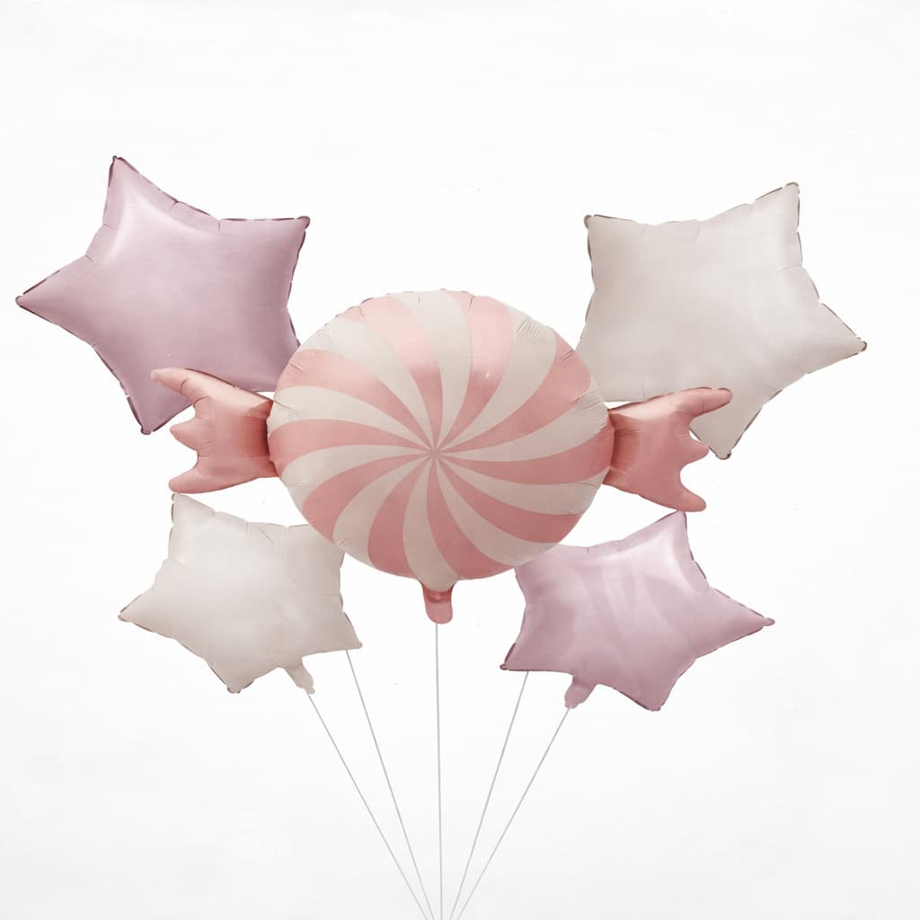 Kit 5UN Balão Bala Formato Metalizado Balões Doce Estrela Aniversario Festa Decoração Infantil Rosa