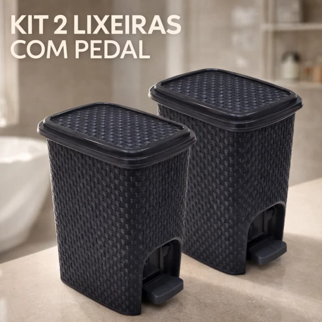 Kit 1 ou 2 Lixeiras Rattan 7L com Pedal Preta Banheiro Cozinha Moderna Compacta