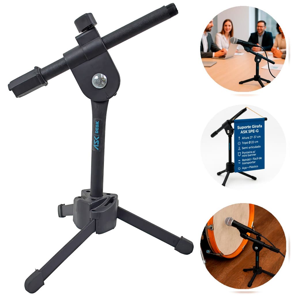 Suporte Mini Pedestal ASK SPEG Para Microfone Tripé Girafa Microfonar Bumbo Cajon Banner de Mesa