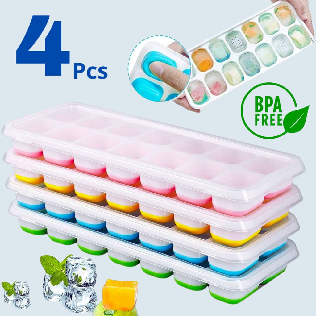 Kit 4/2 Formas de Gelo Silicone Com Tampa Rígida Flexível Fundo Retangular  Multiuso Lavável