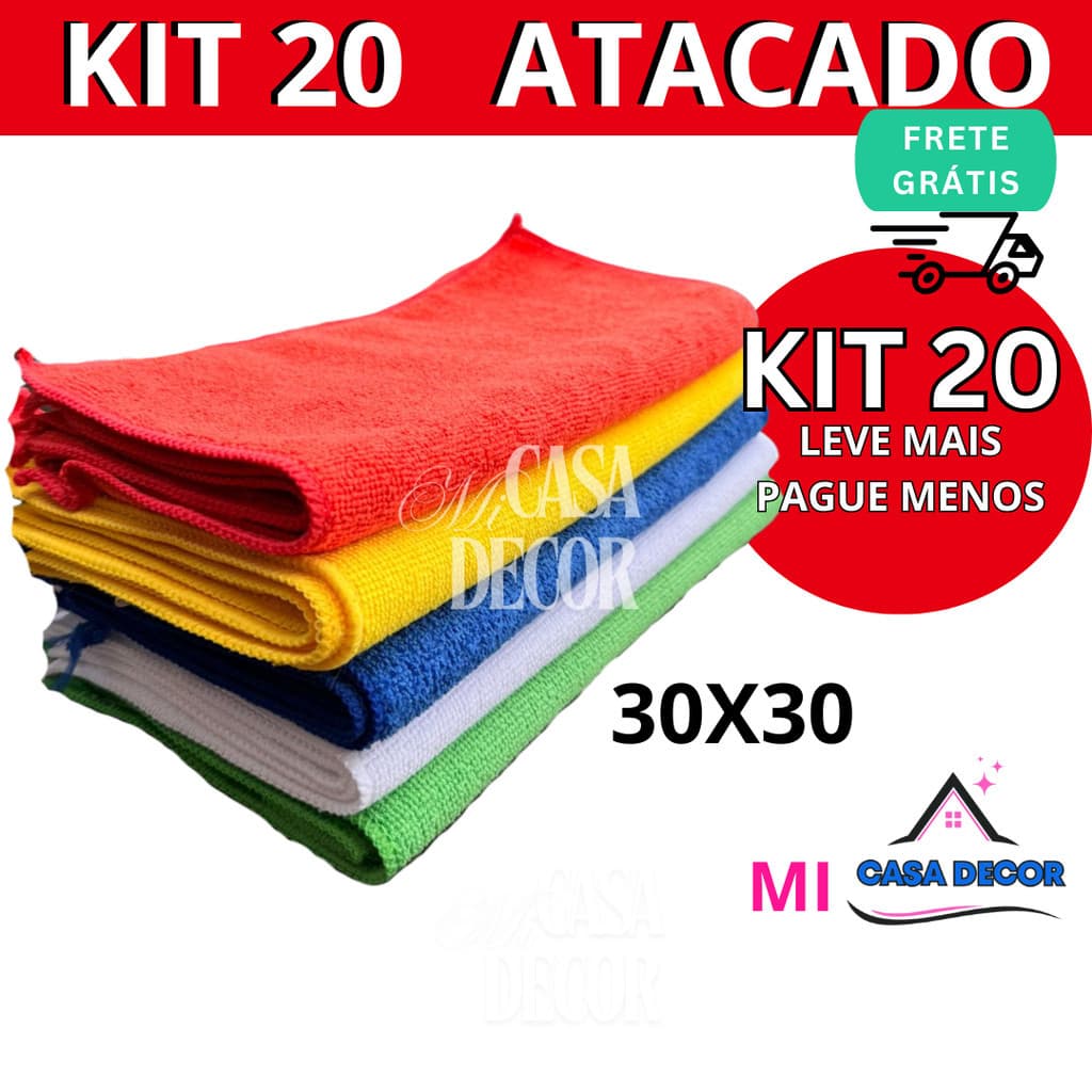 Kit 20 panos de limpeza microfibra alta absorção multiuso 30x30cm