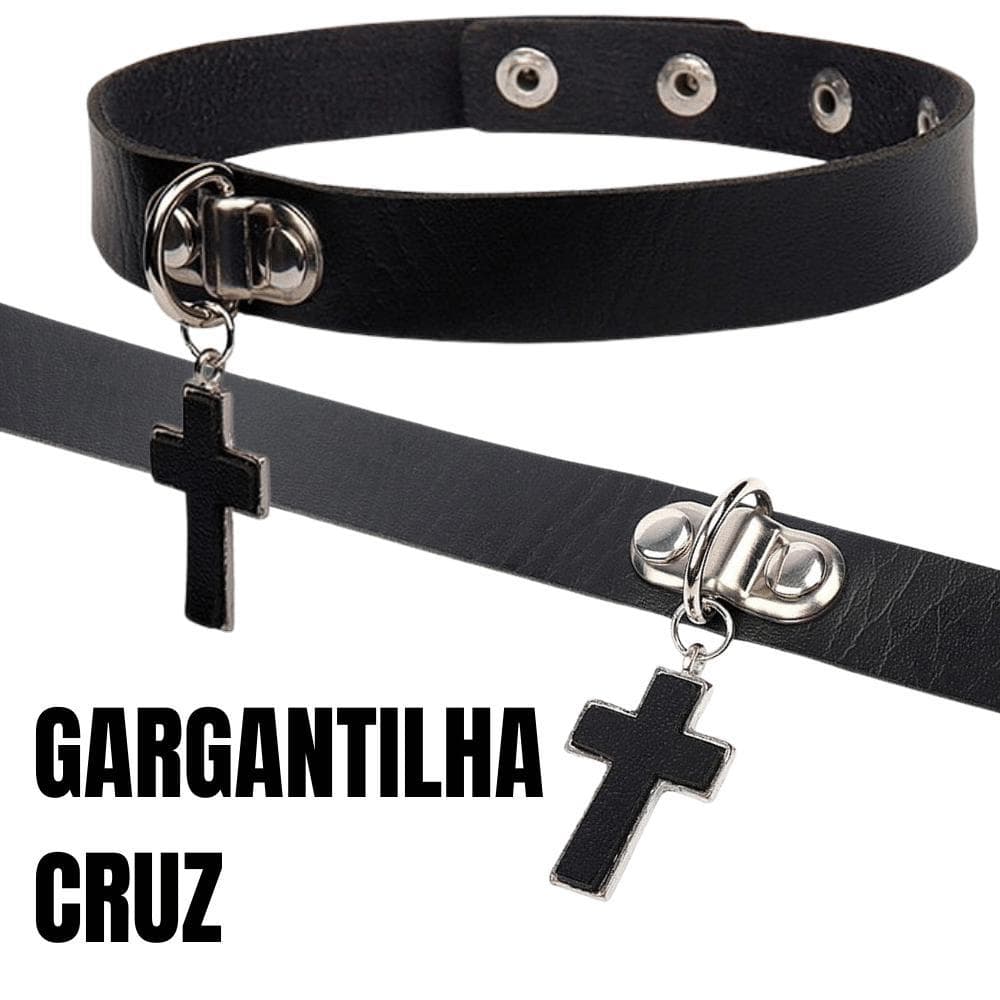 Coleira Couro Luxo com Pingente Cruz Choker Gargantilha Colar Style