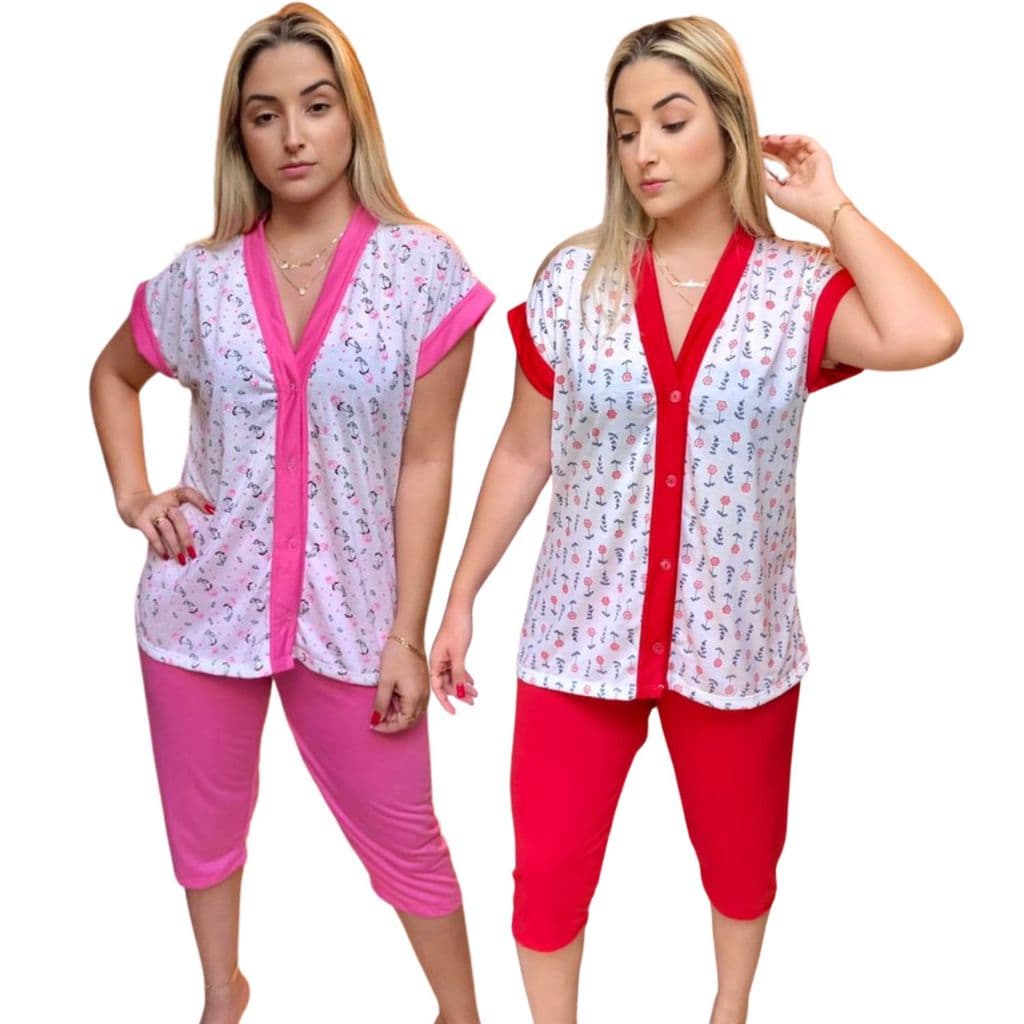 Kit 2 Pijama Pescador Feminino Aberto com Botões Bermuda Capri Senhora Confortável Para Dormir