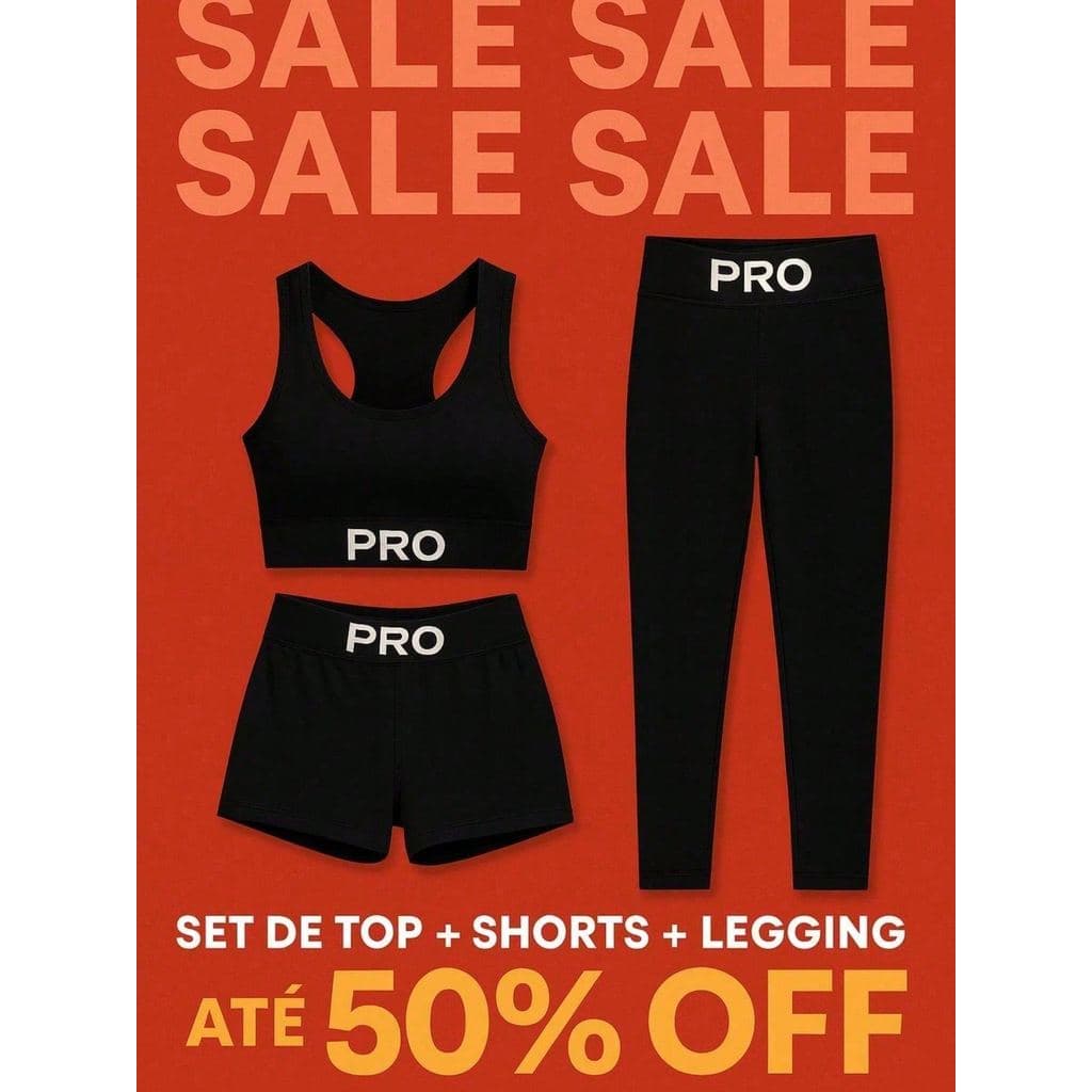 Conjunto Fitness Feminino PRO 3 Peças Top Shorts Legging Academia Compressão Cintura Alta Zero Transparência Treino