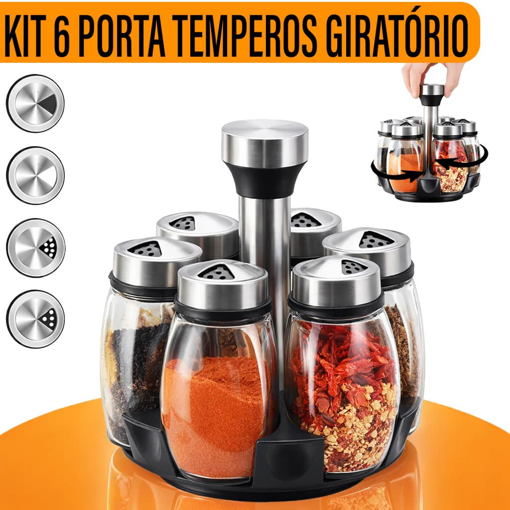 Porta Temperos Vidro Inox 6 Potes Tampa Dosadora Com Suporte Giratório Cozinha