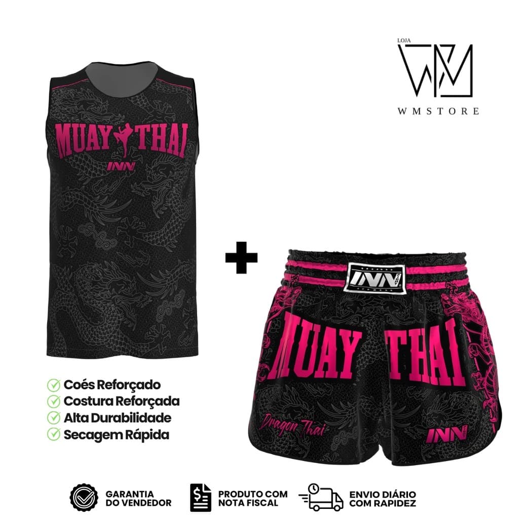 Conjunto Regata e Short Muay Thai Masculino Dragon Thai Rosa