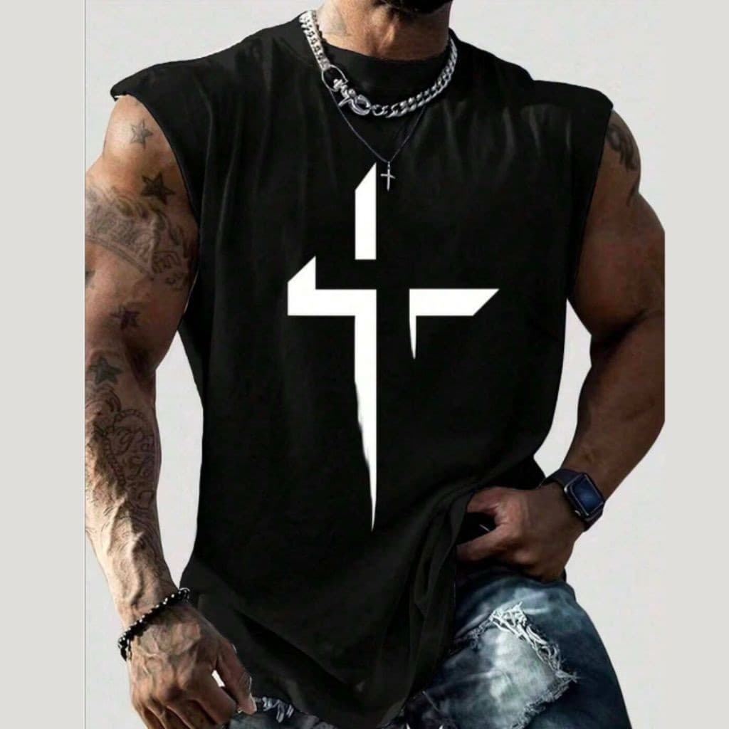 Camiseta Regata Masculina PLUs Size G1 ao G5 Cruz Estampada Academia 100% Algodão