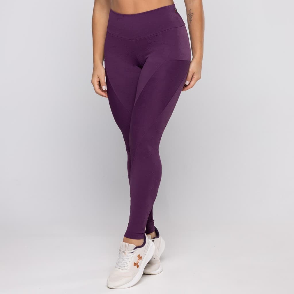 Legging de Treino  Fitness Feminina Poliamida Grossa Textura Recortes Cintura Alta