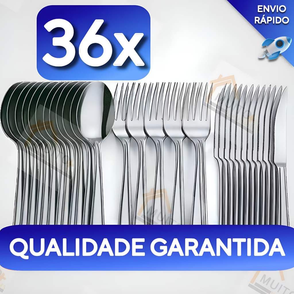 Jogo de Talheres 36 Peças Aço Inox Garfo Faca e Colher de Mesa Utensilio de Cozinha Talher