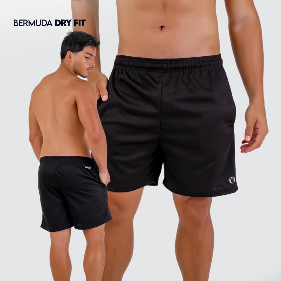 Bermuda Dry Fit Preto Calção Treino Tecido Respirável Elástico Short Academia Cross Fitness Bolsos
