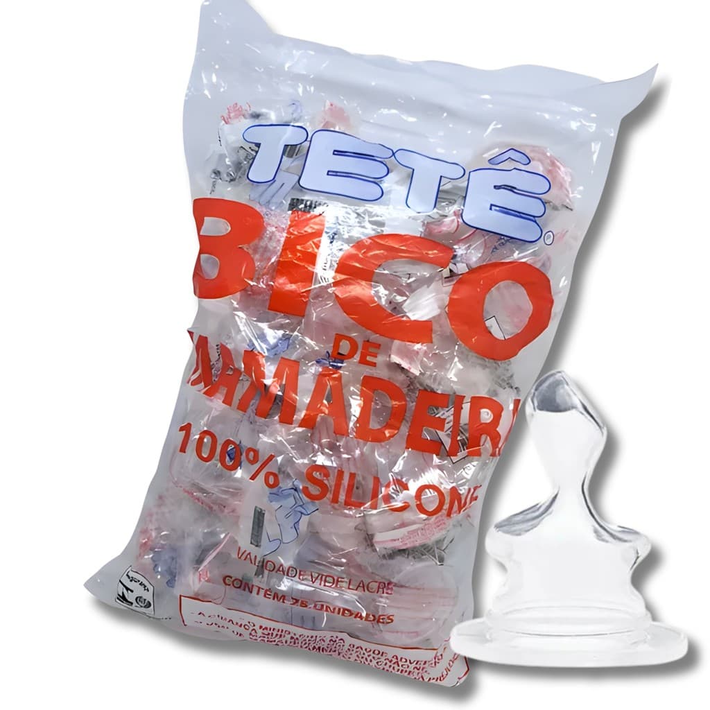 Kit Bico de Mamadeira Ortodôntico Achatado Pacote com 25 Unidades 100% Silicone Tetê