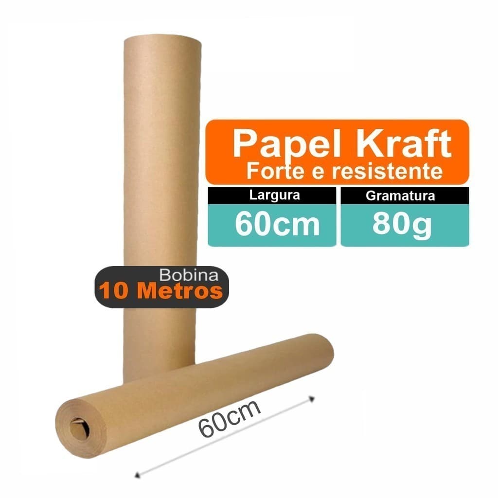 Bobina Papel Kraft Reciclado 80g Rolo de 60cm x 10 Metros Embalagem Moldes Embrulhos