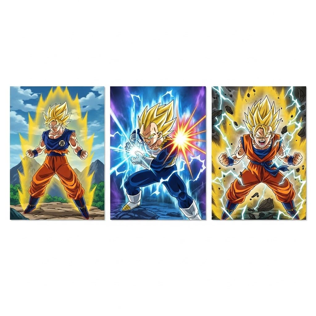 “Dragon Ball Explosão – Trio de Quadros com Goku, Vegeta e Gohan Que Vai Pirar Sua Parede!”