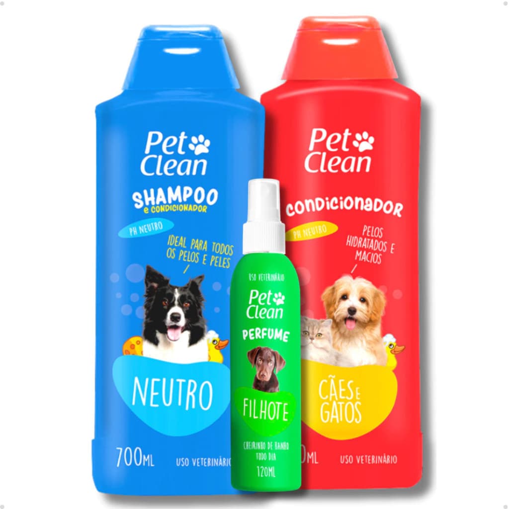 Kit Shampoo Pet Shop Cachorro e Gato Neutro + Creme Condicionador de Pelos + Perfume Pet Clean