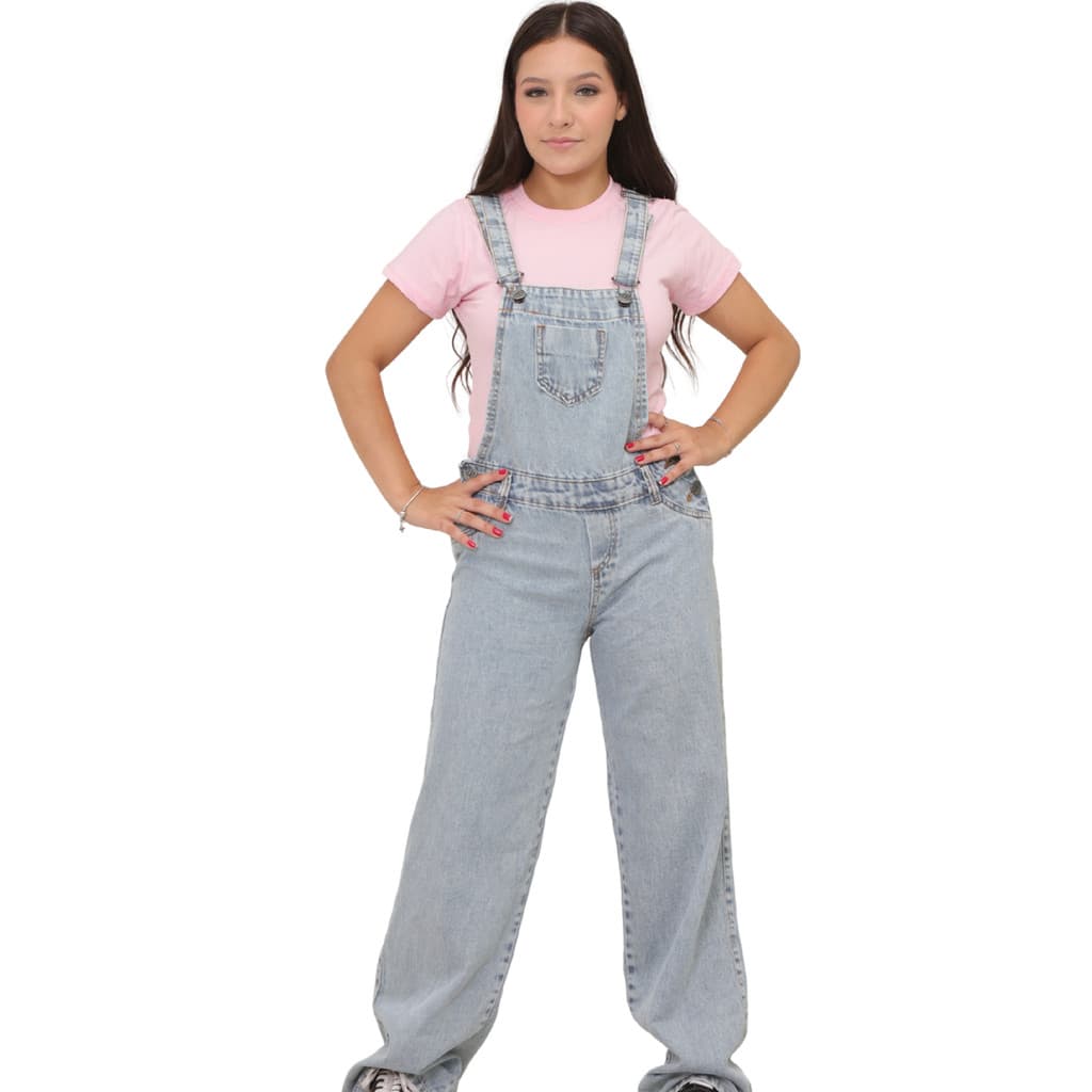 Jardineira calça marmorizada jeans com bolso frontal juvenil 10 ao 16 macacão